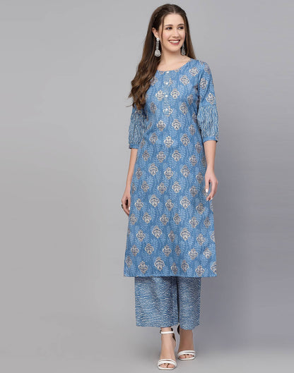 Blue Cotton Printed Kurta with Pant Set | Leemboodi