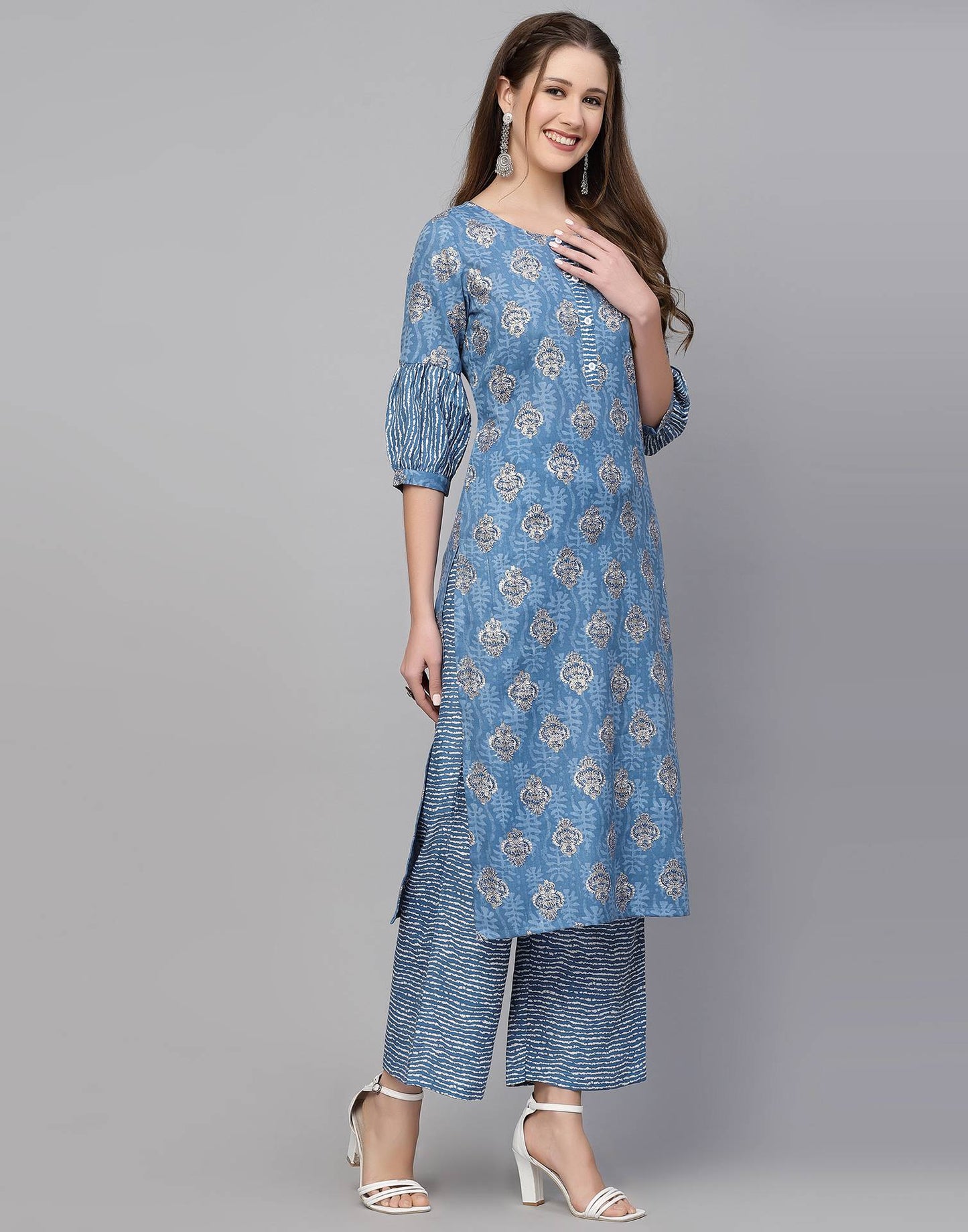 Blue Cotton Printed Kurta with Pant Set | Leemboodi