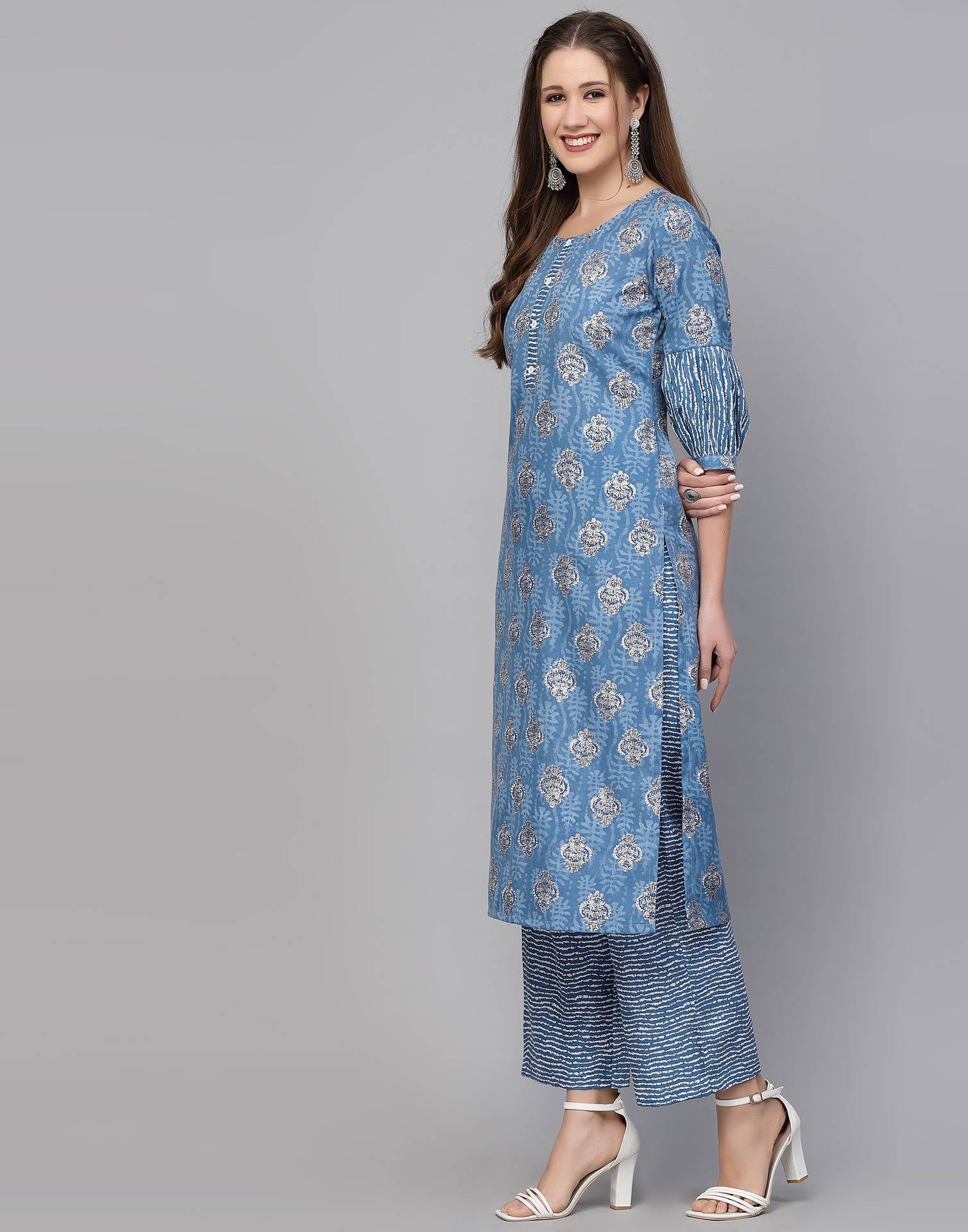 Blue Cotton Printed Kurta with Pant Set | Leemboodi