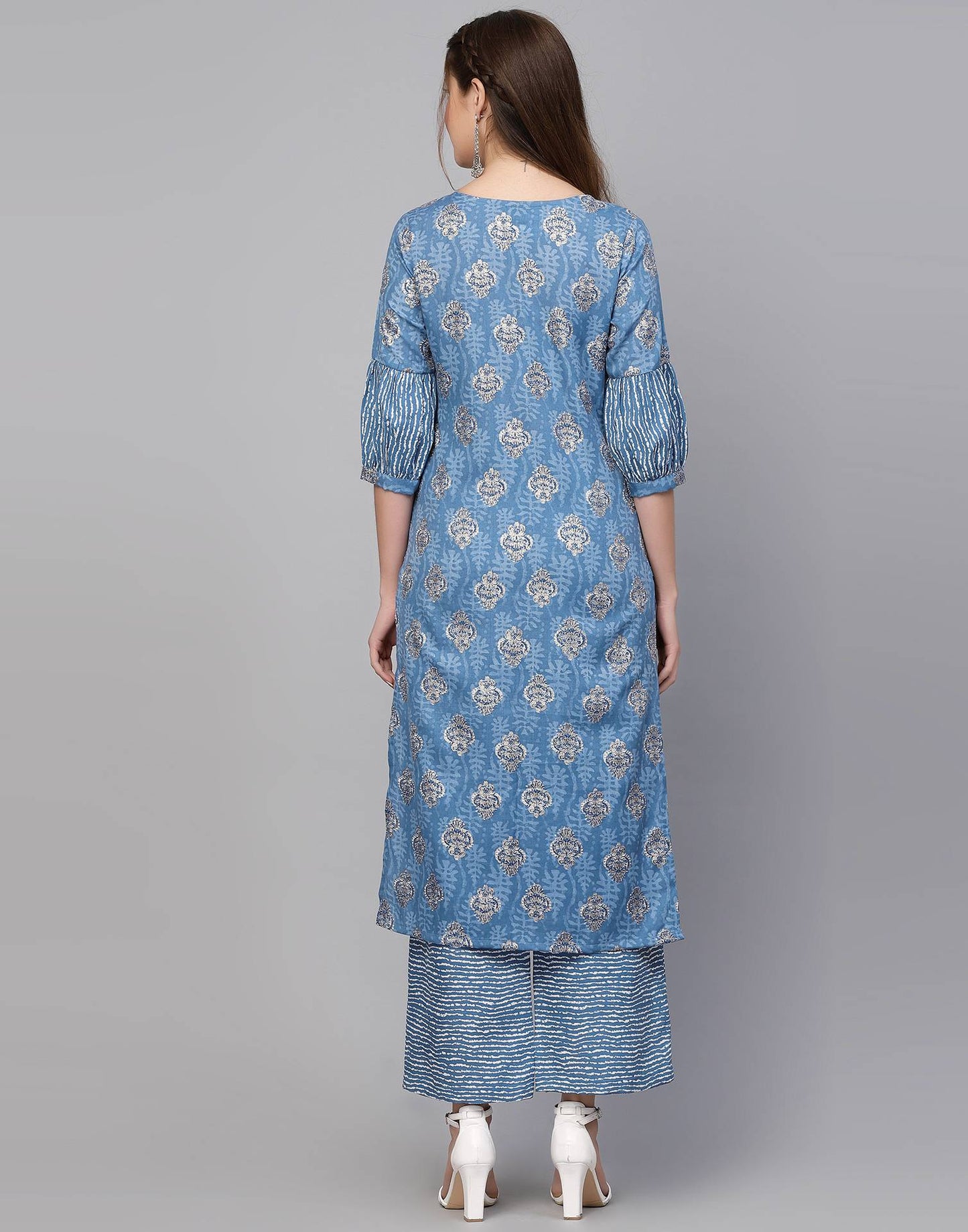 Blue Cotton Printed Kurta with Pant Set | Leemboodi