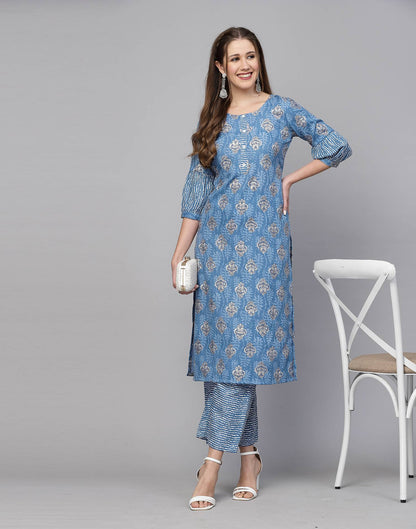 Blue Cotton Printed Kurta with Pant Set | Leemboodi