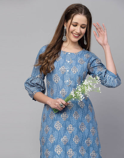 Blue Cotton Printed Kurta with Pant Set | Leemboodi