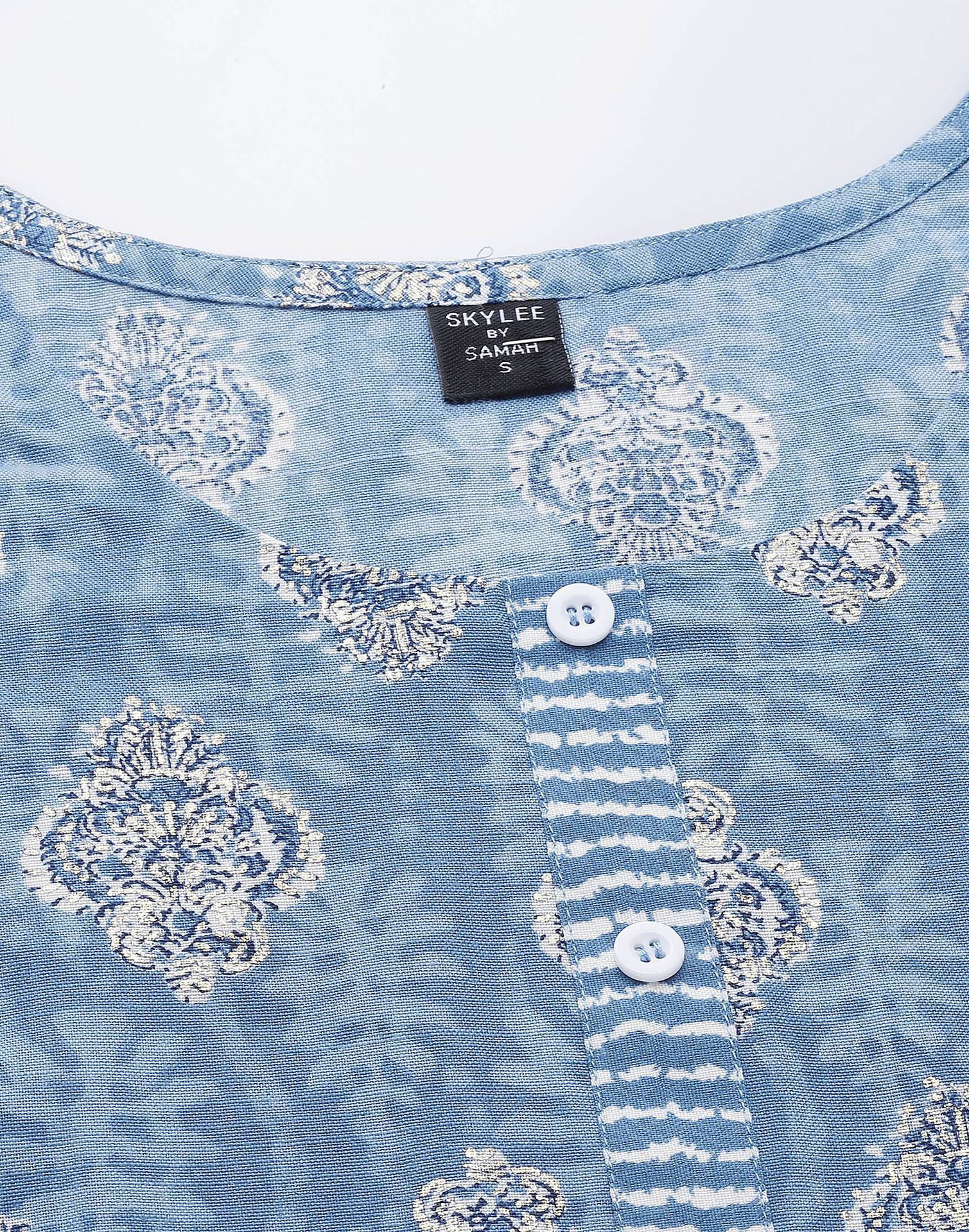 Blue Cotton Printed Kurta with Pant Set | Leemboodi