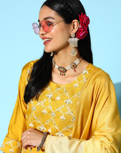 Yellow Kurti With Pant And Dupatta | Leemboodi