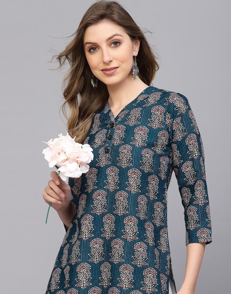 Teal Printed Short Kurti | Sudathi