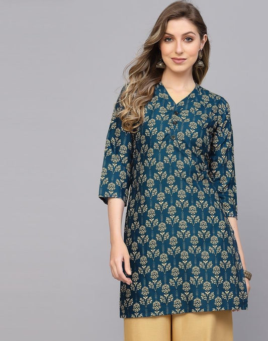 Teal Printed Short Kurti | Sudathi