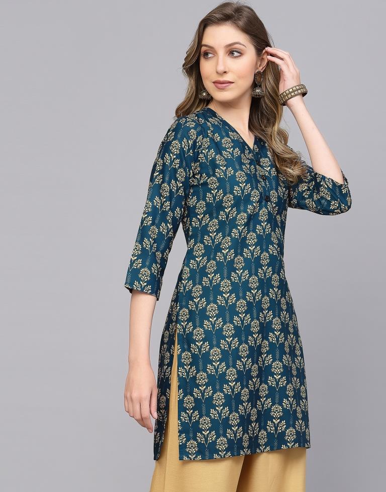 Teal Printed Short Kurti | Sudathi