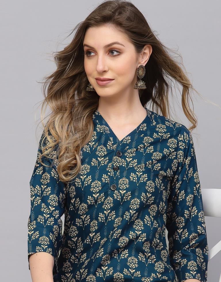 Teal Printed Short Kurti | Sudathi