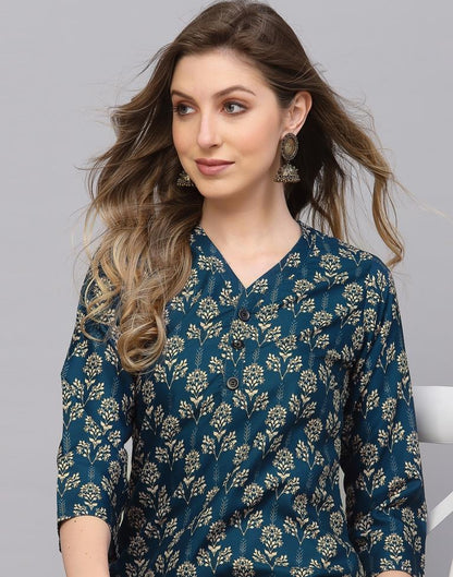 Teal Printed Short Kurti | Sudathi