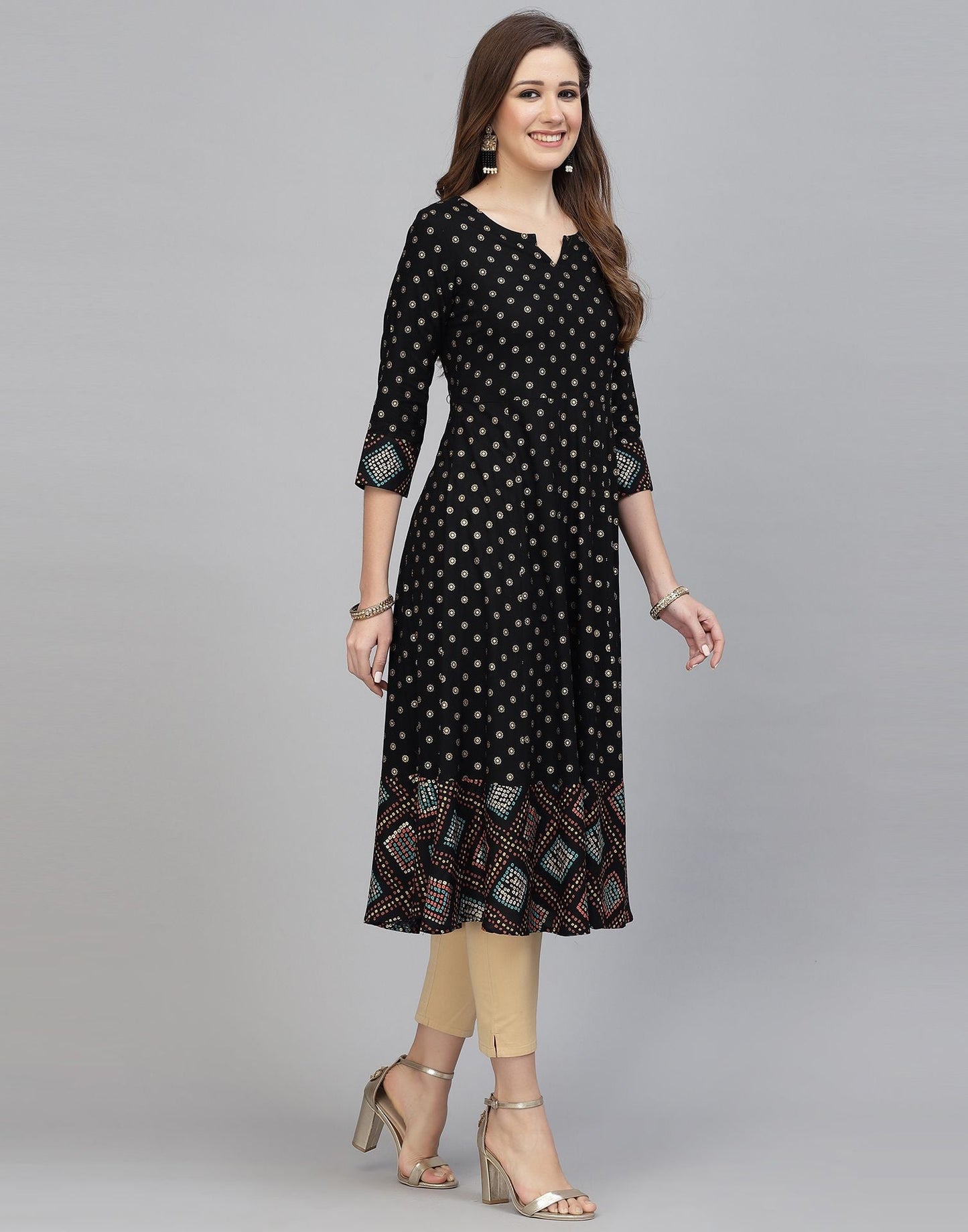 Black Printed Rayon A-Line Kurta