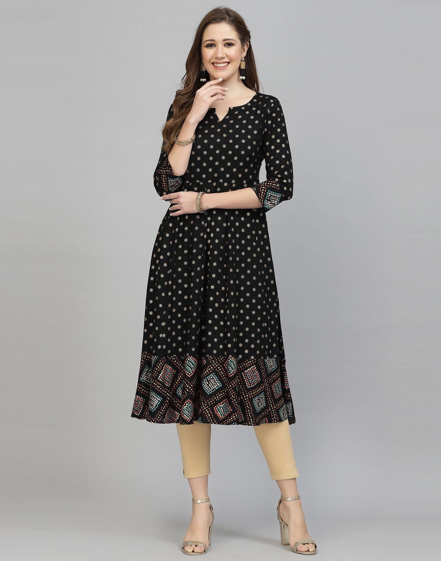 Black Printed Rayon A-Line Kurta