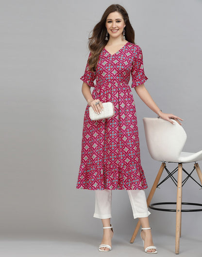 Pink Printed Chinnon Flared Kurta