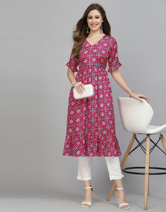 Pink Printed Chinnon Flared Kurta