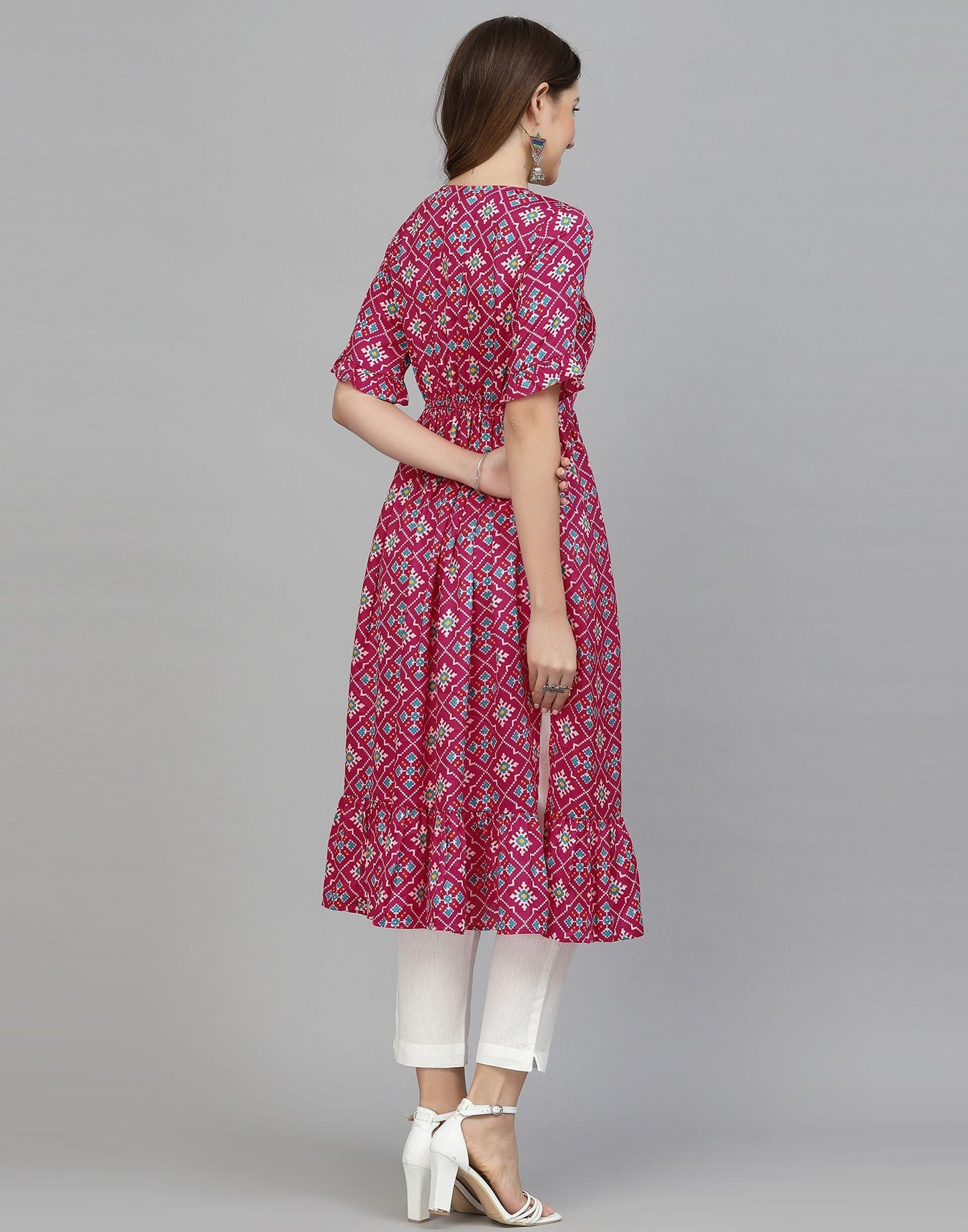 Pink Printed Chinnon Flared Kurta