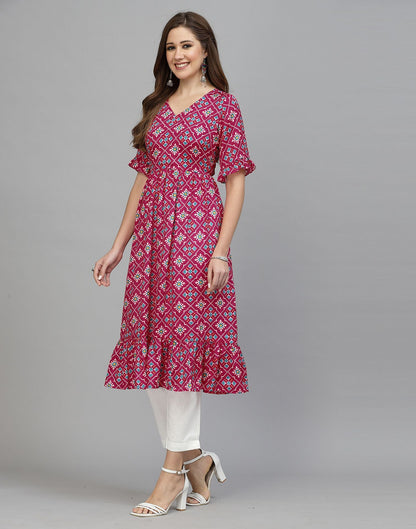 Pink Printed Chinnon Flared Kurta