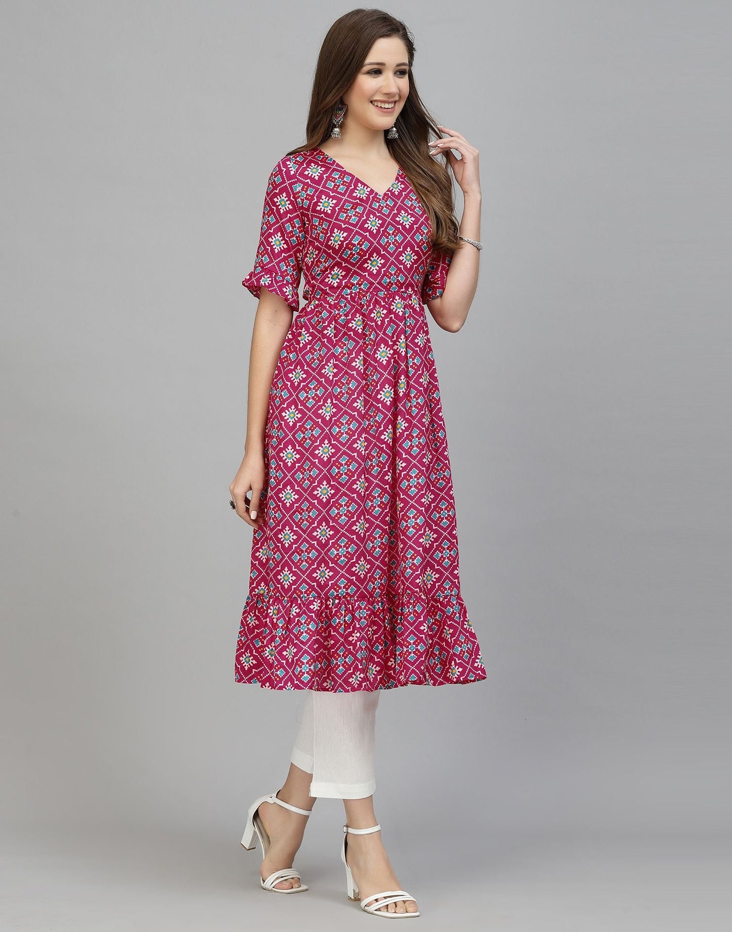 Pink Printed Chinnon Flared Kurta