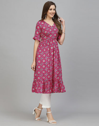 Pink Printed Chinnon Flared Kurta