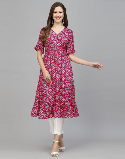 Pink Printed Chinnon Flared Kurta