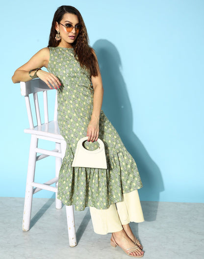 Green Printed A-Line Kurti | Leemboodi