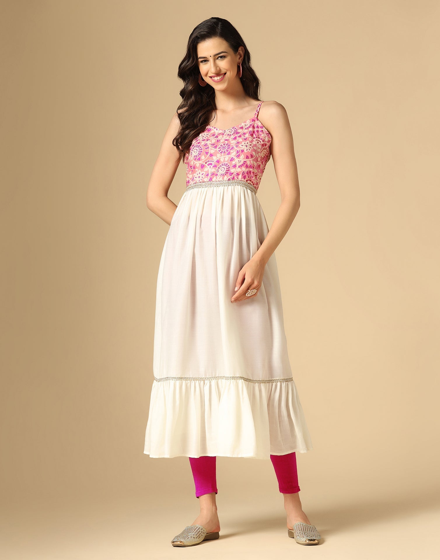 Pink & White Printed Anarkali Kurti | Leemboodi