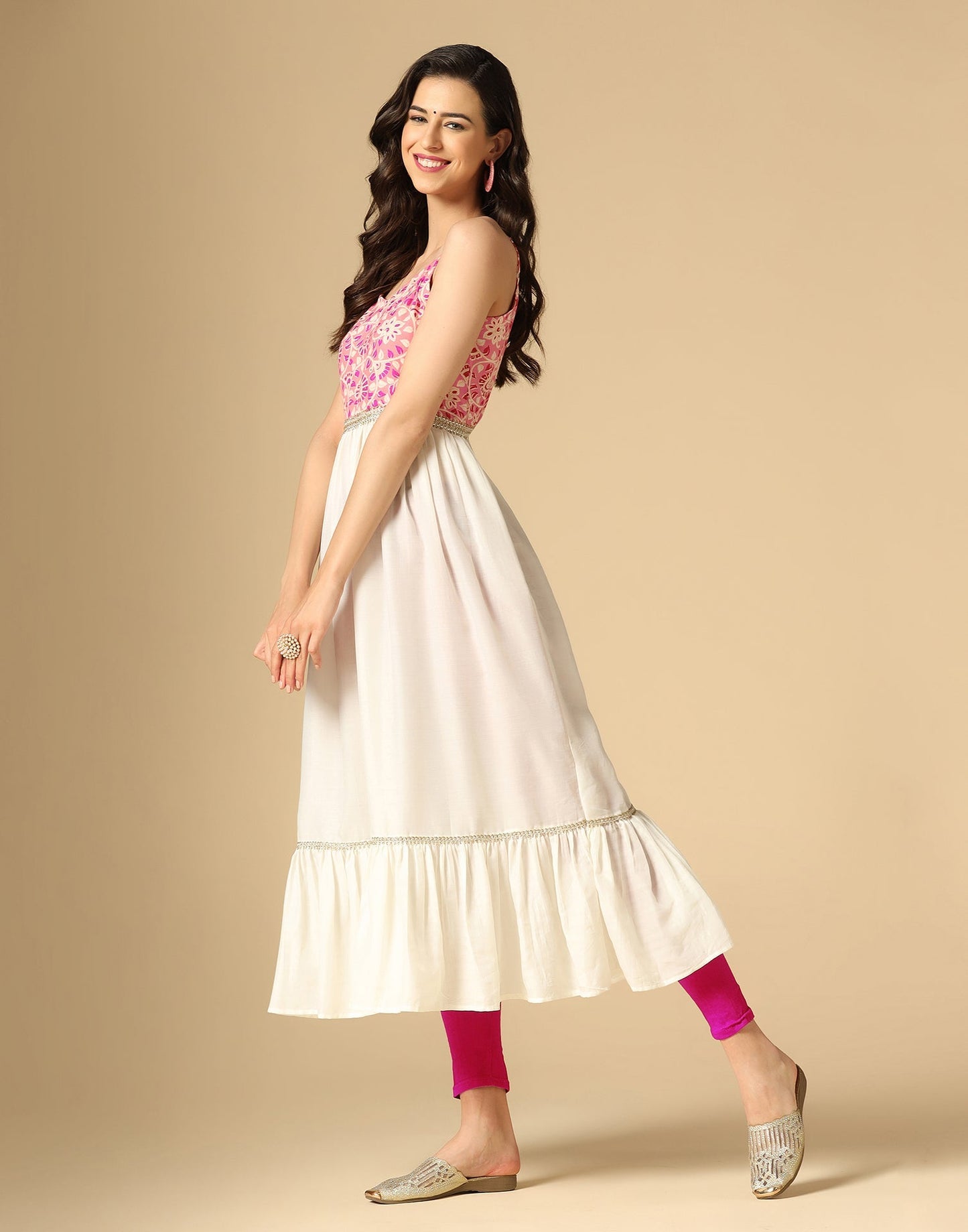 Pink & White Printed Anarkali Kurti | Leemboodi