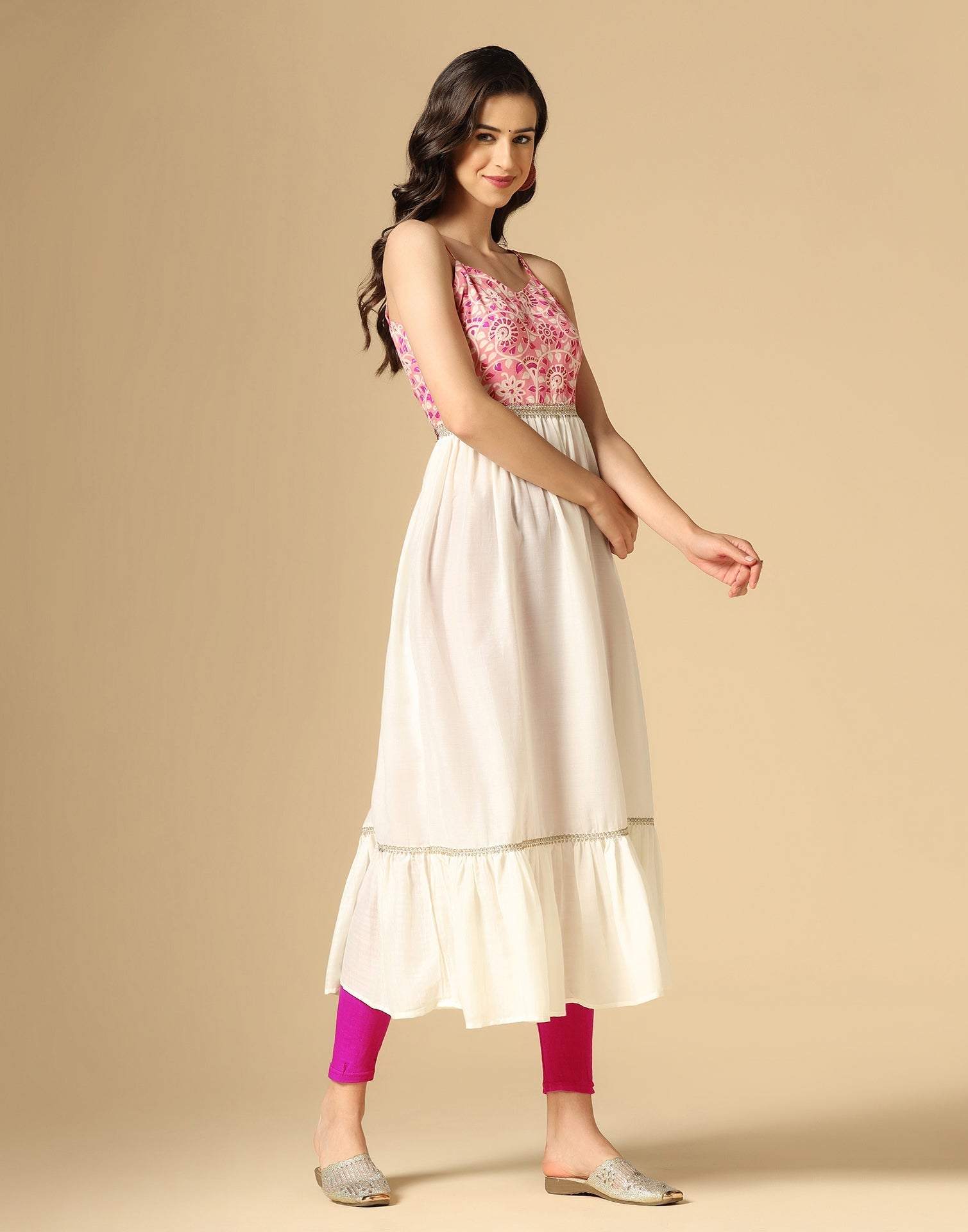 Pink & White Printed Anarkali Kurti | Leemboodi