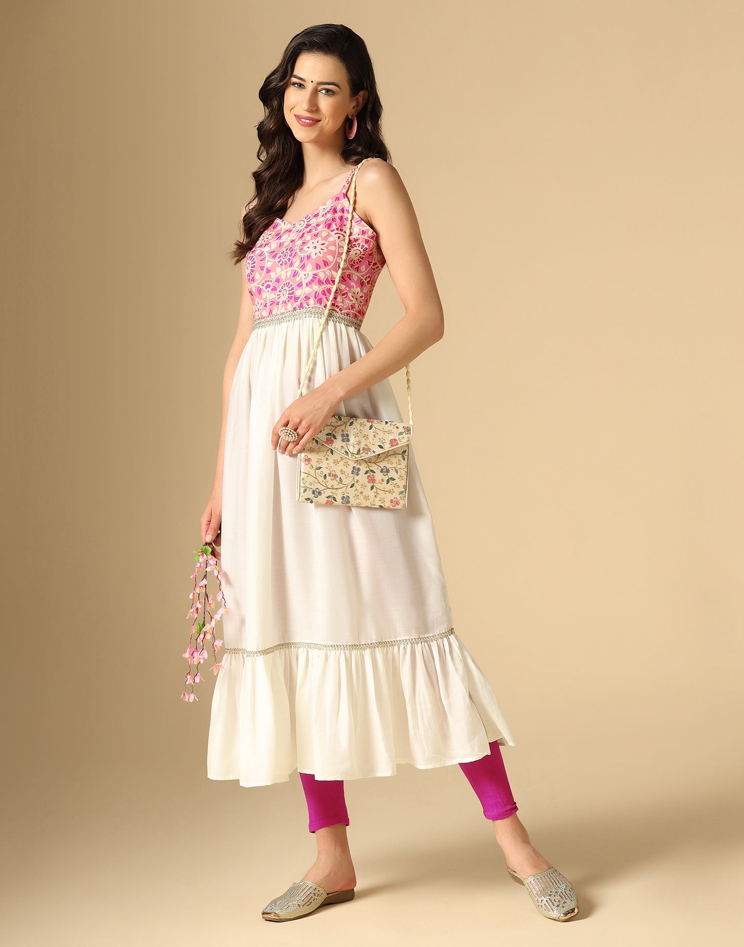 Pink & White Printed Anarkali Kurti | Leemboodi