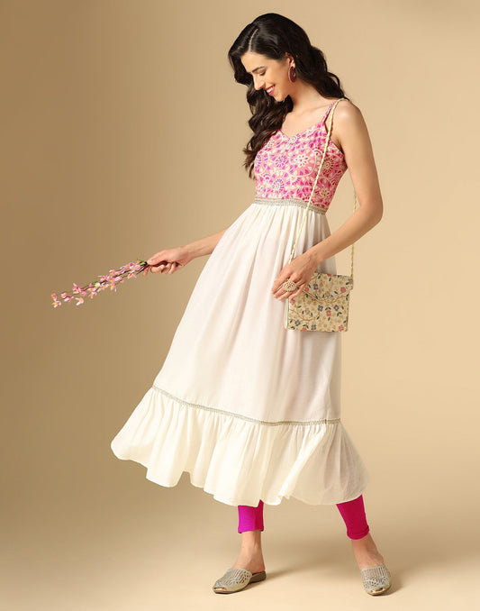 Pink & White Printed Anarkali Kurti | Leemboodi