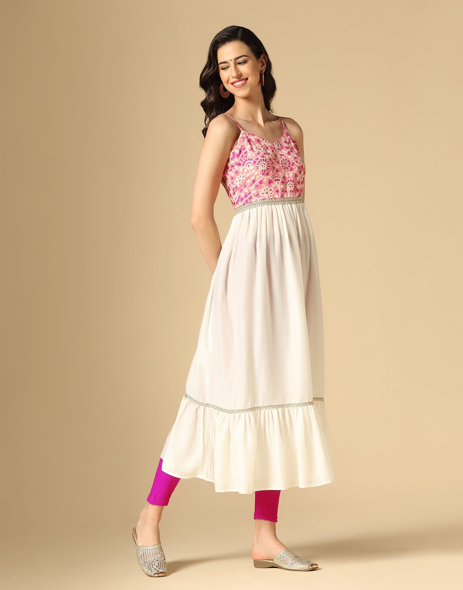 Pink & White Printed Anarkali Kurti | Leemboodi