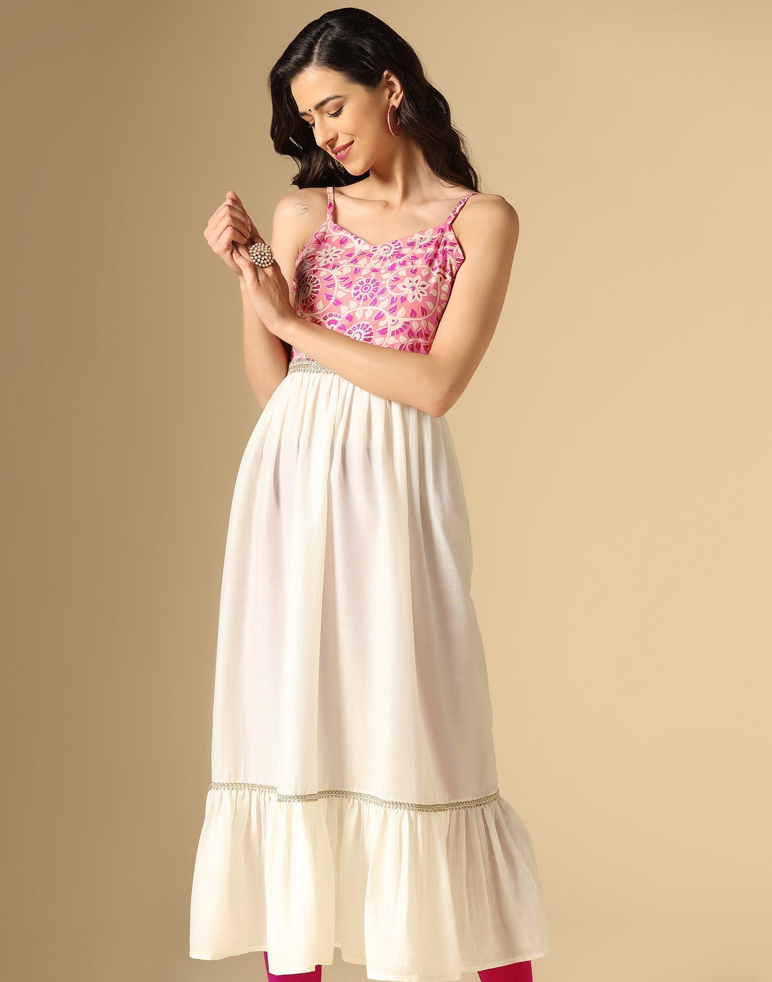 Pink & White Printed Anarkali Kurti | Leemboodi