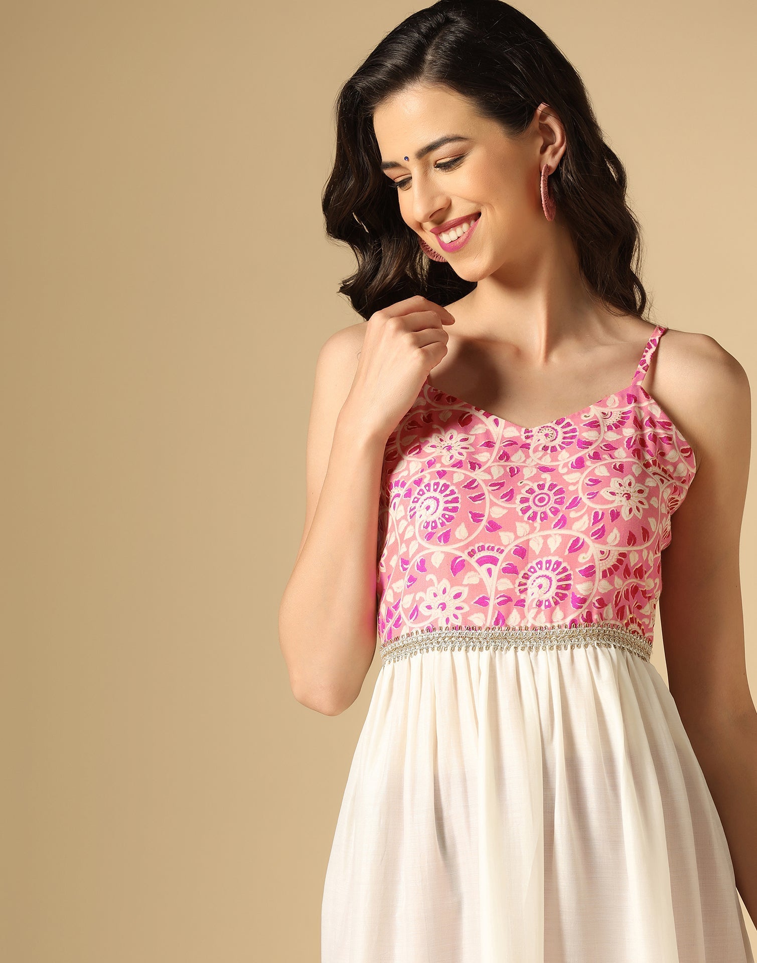 Pink & White Printed Anarkali Kurti | Leemboodi