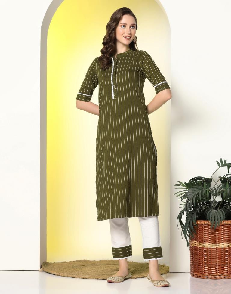 Olive Green Cotton Kurta With Pant And Dupatta