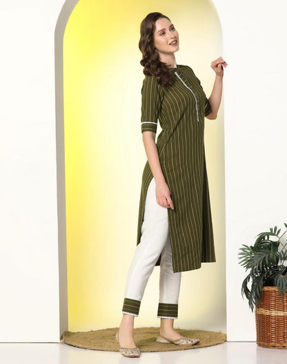 Olive Green Cotton Kurta With Pant And Dupatta