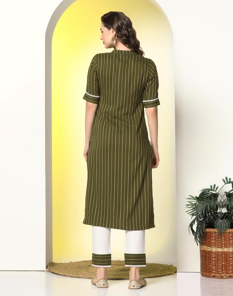 Olive Green Cotton Kurta With Pant And Dupatta