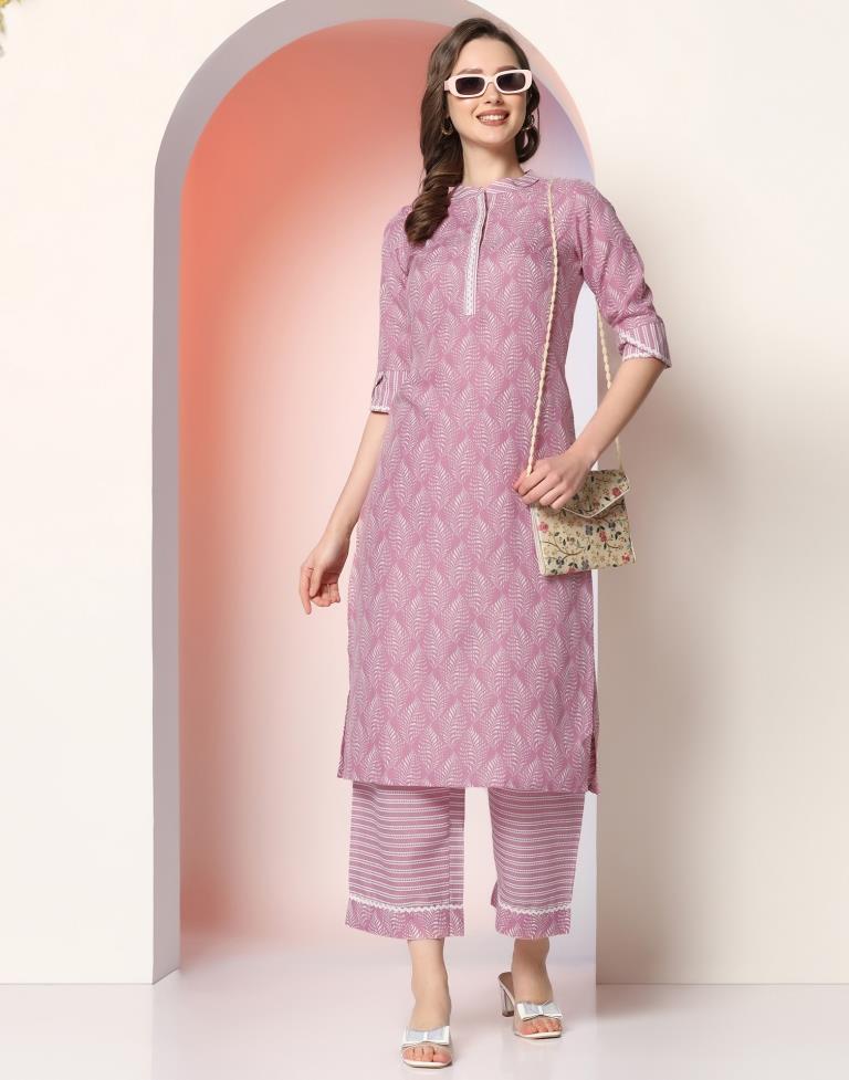 Pink Printed Cotton Kurta With Pant And Dupatta