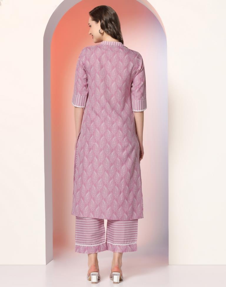 Pink Printed Cotton Kurta With Pant And Dupatta