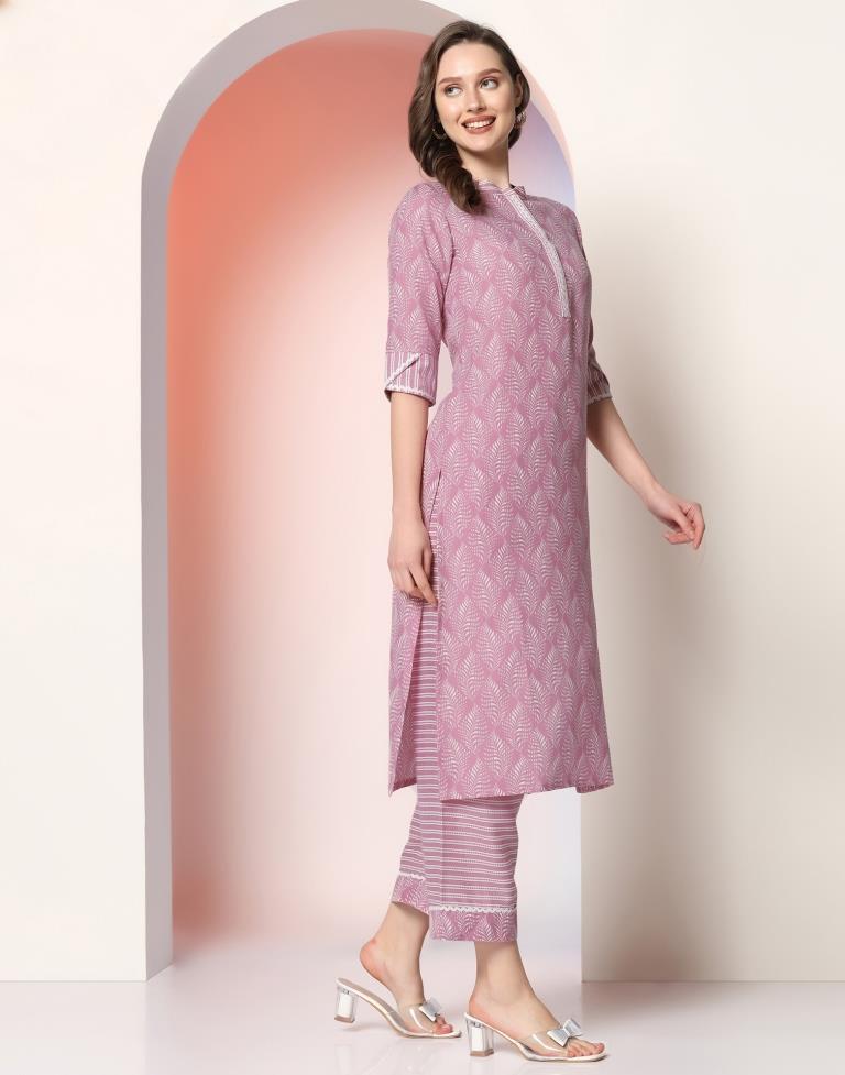 Pink Printed Cotton Kurta With Pant And Dupatta