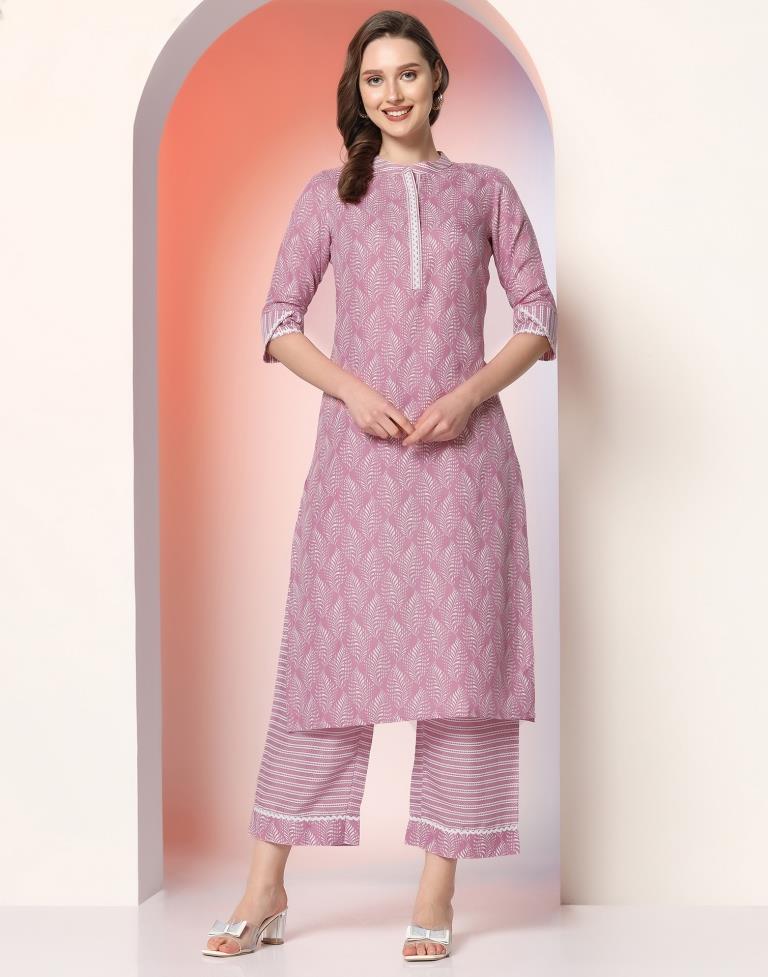 Pink Printed Cotton Kurta With Pant And Dupatta