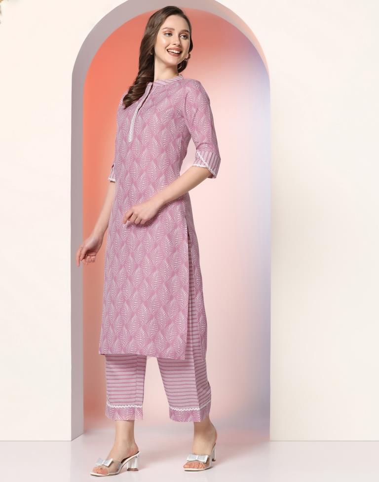 Pink Printed Cotton Kurta With Pant And Dupatta