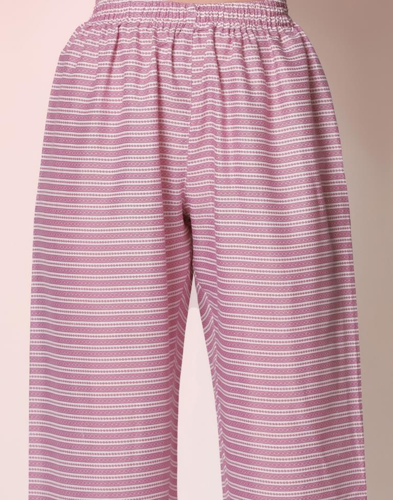 Pink Printed Cotton Kurta With Pant And Dupatta