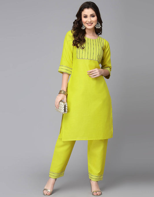 Neon Yellow Printed Kurta with Pant Set | Leemboodi