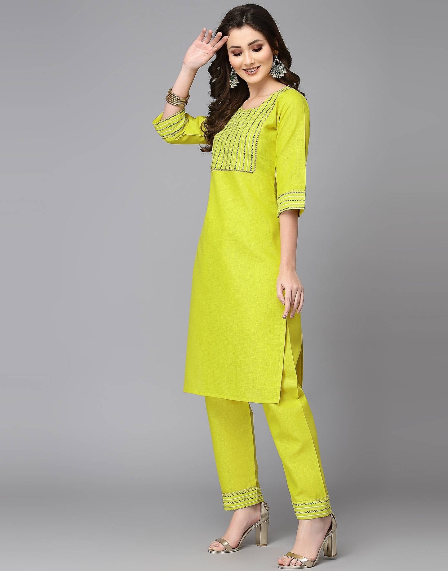 Neon Yellow Printed Kurta with Pant Set | Leemboodi