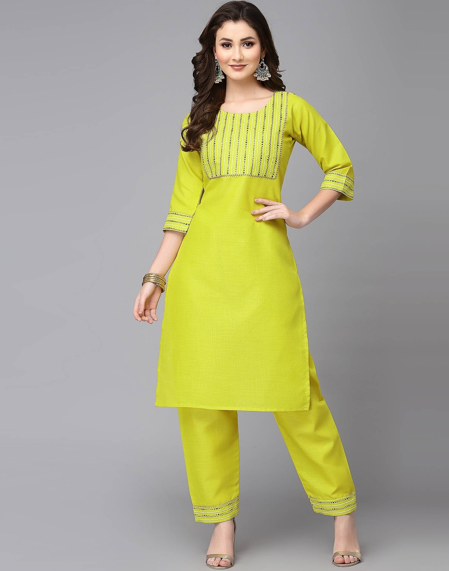 Neon Yellow Printed Kurta with Pant Set | Leemboodi