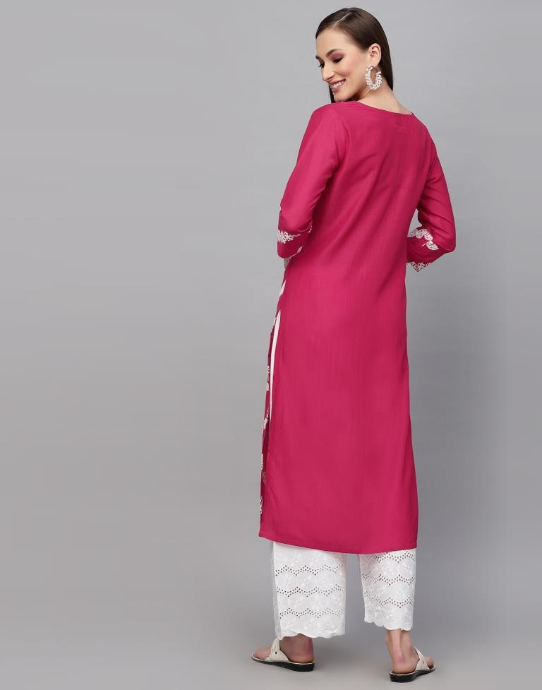 Pink Embroidery Chinnon Straight Kurta