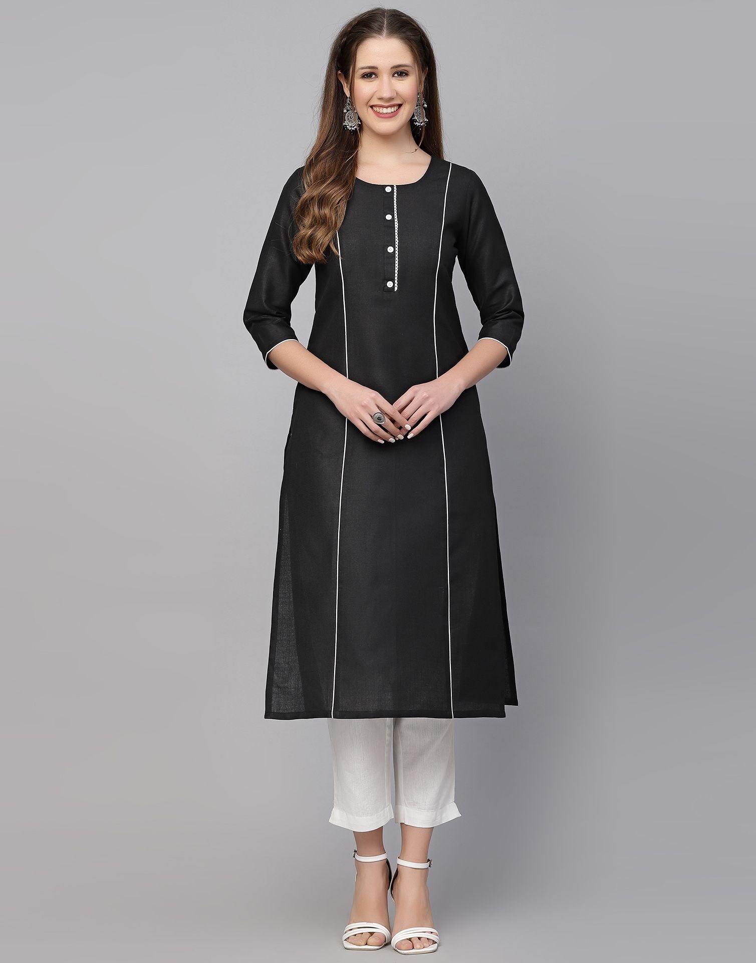 Black Cotton Plain Straight Kurta | Leemboodi