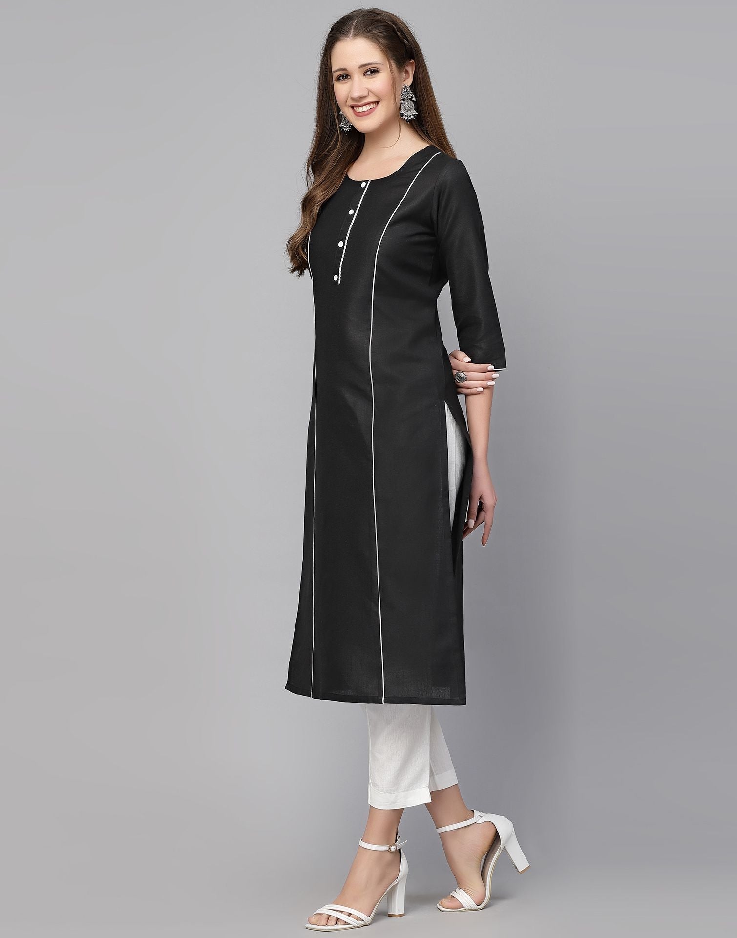 Black Cotton Plain Straight Kurta | Leemboodi