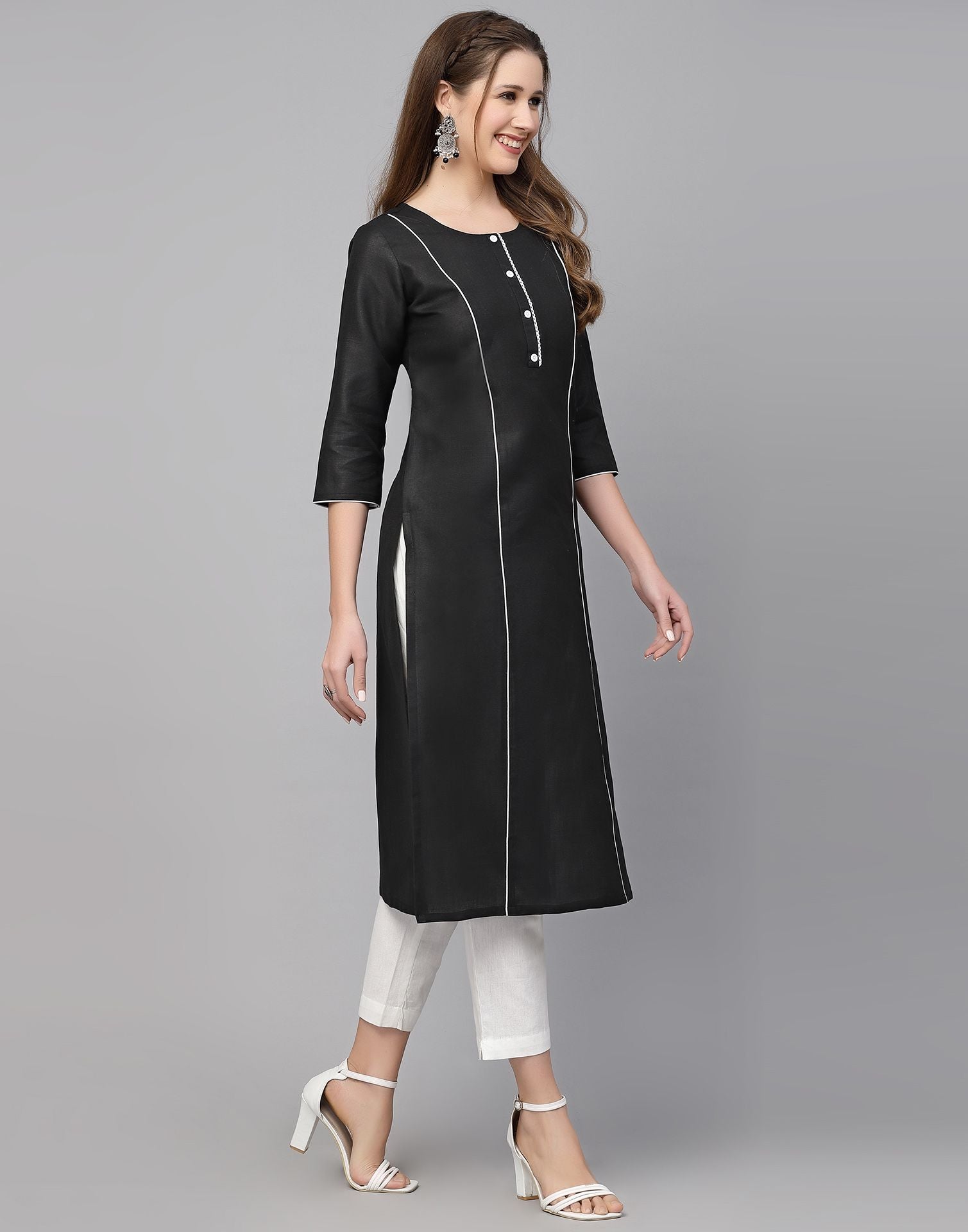 Black Cotton Plain Straight Kurta | Leemboodi