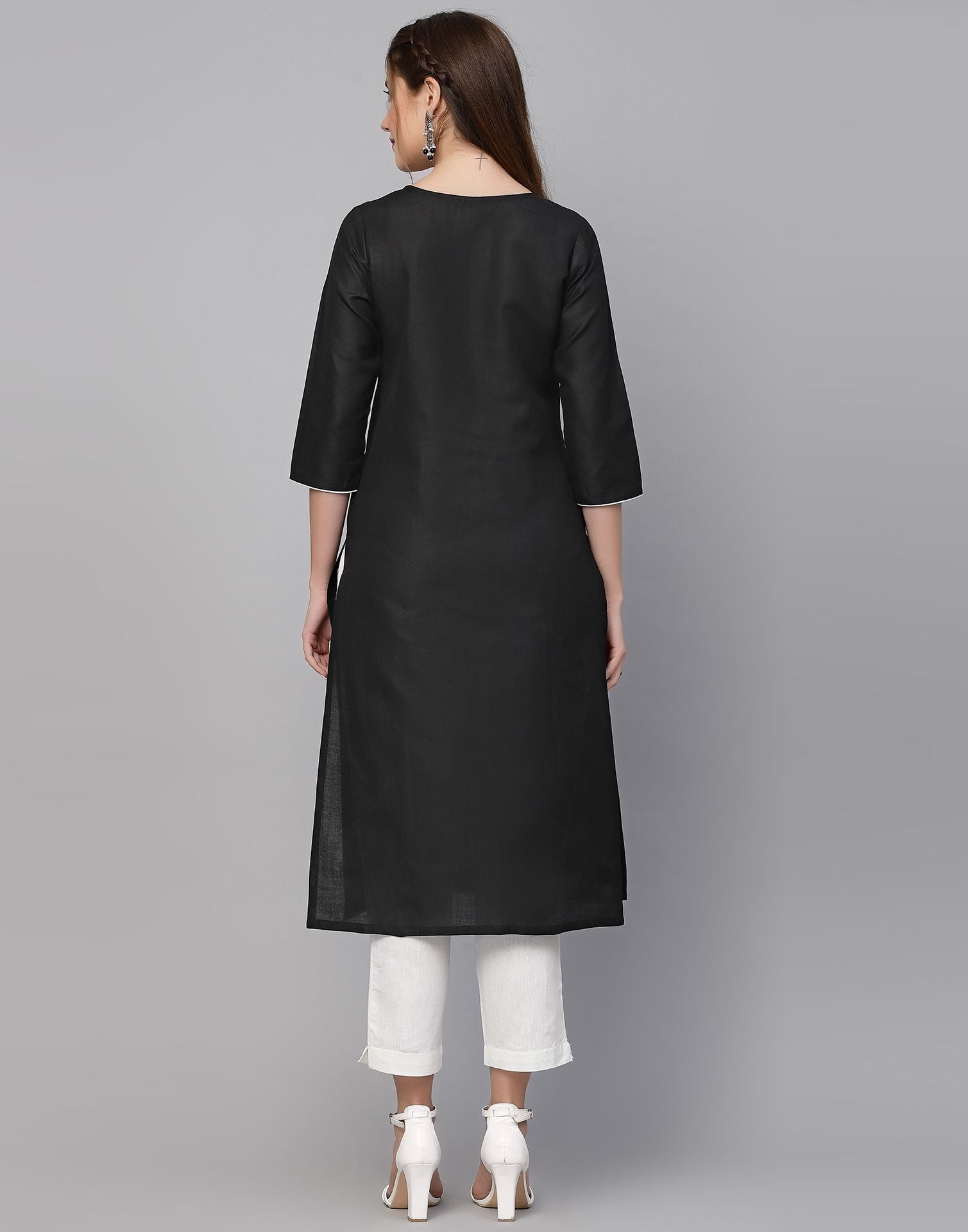 Black Cotton Plain Straight Kurta | Leemboodi