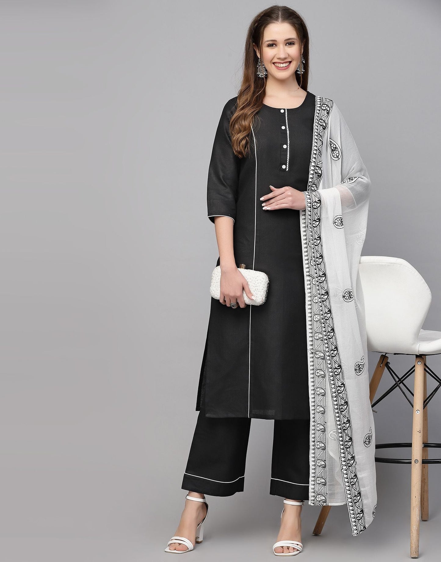 Black Plain Cotton Straight Kurta With Pant And Dupatta | Leemboodi