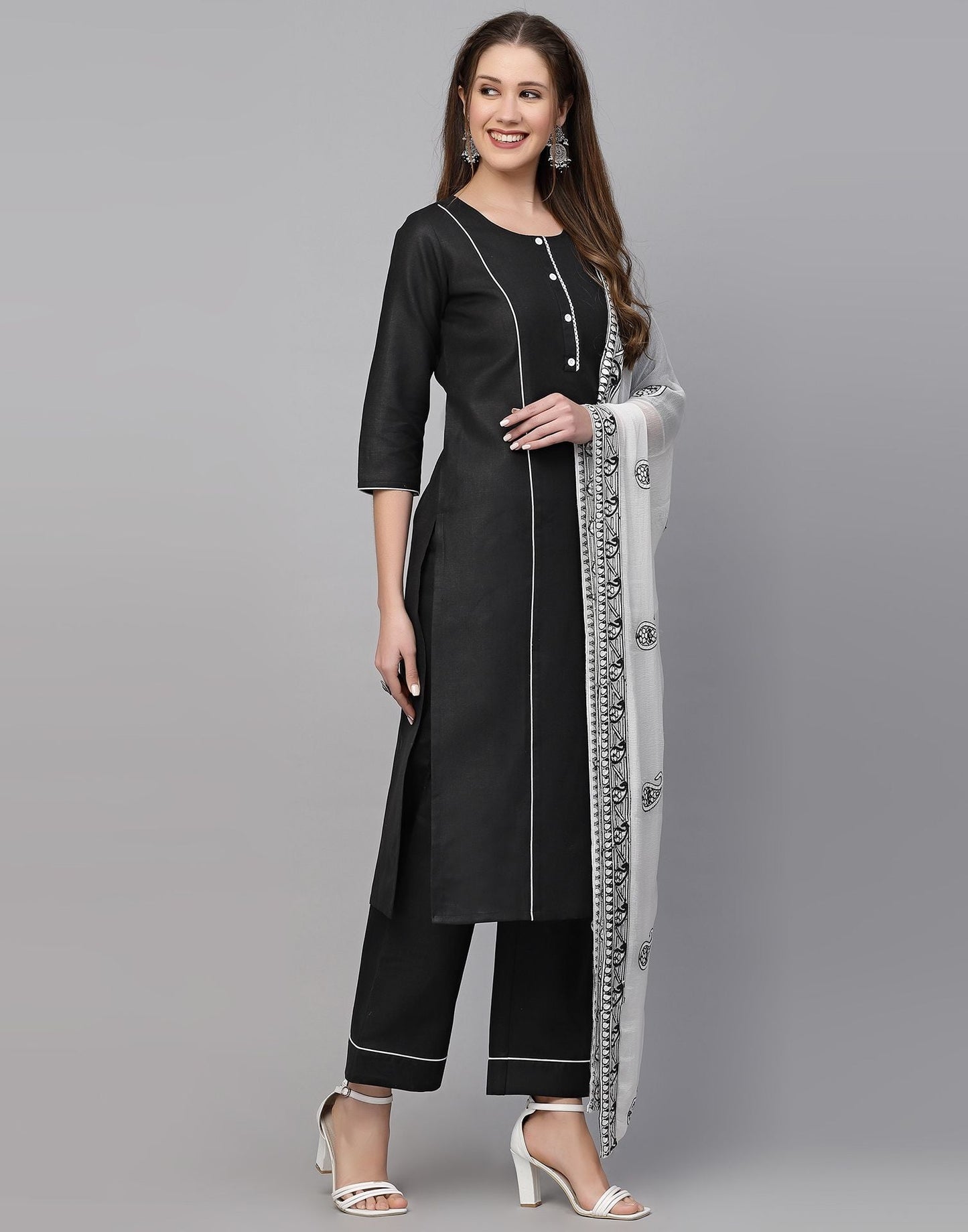 Black Plain Cotton Straight Kurta With Pant And Dupatta | Leemboodi